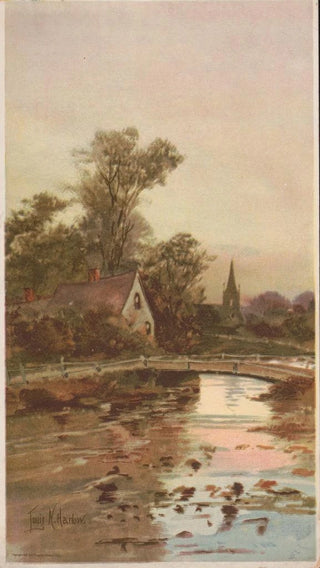 Louis Kinney Harlow - Bridge over a stream with a cottage and a church in the background.webp