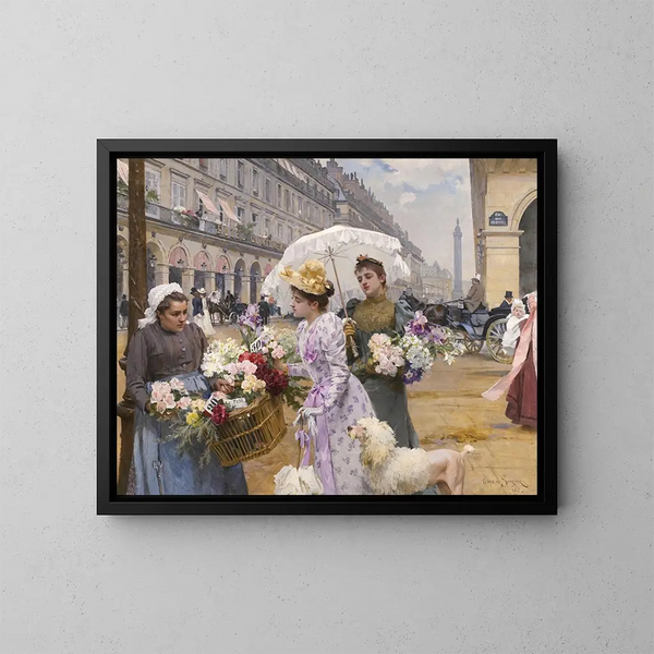 De bloemenverkoper, rue de Rivoli - Louis Marie de Schryver — ingelijst kunstwerk aan de muur