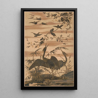 Louis Prang Co - Two cranes and several smaller birds among blossoming trees.webp