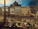 Vue van het Sint-Pietersplein in Rome tijdens de verkiezing van paus Clemens VIII in 1592 - Louis de Caulery — weergave van het kunstwerk