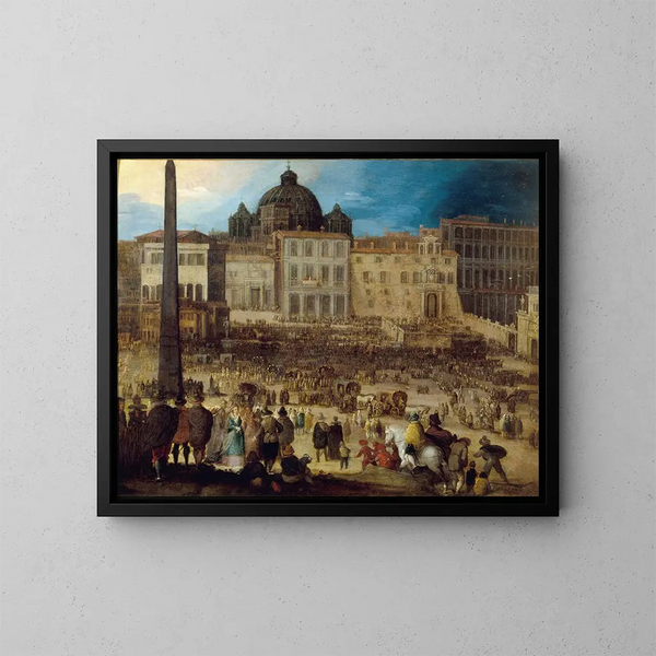 Vue van het Sint-Pietersplein in Rome tijdens de verkiezing van paus Clemens VIII in 1592 - Louis de Caulery — ingelijst kunstwerk aan de muur
