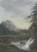 Landschap met een waterval en een brug waarop twee vrouwen en een kind lopen - Louise von Panhuys — weergave van het kunstwerk
