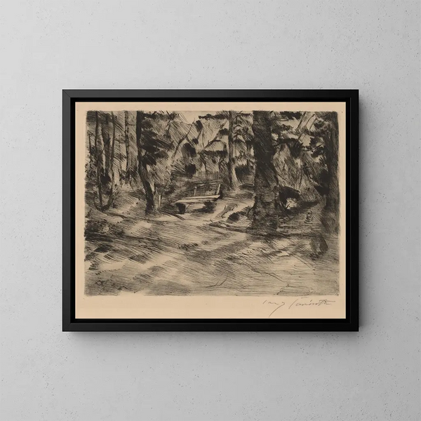 Bank in het bos II - Lovis Corinth — ingelijst kunstwerk aan de muur