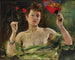 Meis met een waaier en anjers - Lovis Corinth — weergave van het kunstwerk
