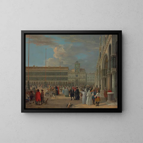 Vue de la place Saint-Marc avec la tour de l'Horloge, Venise - Luca Carlevarijs — ingelijst kunstwerk aan de muur