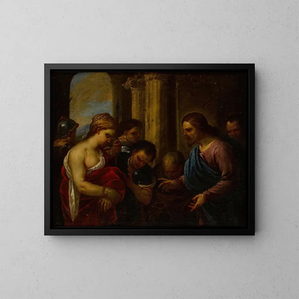 De Christus en de overspelige vrouw - Luca Giordano — ingelijst kunstwerk aan de muur