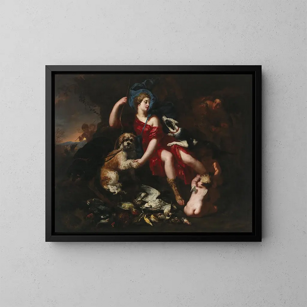 Diane rustend met haar jachthonden en putti - Lucas Franchoys de Jonge — ingelijst kunstwerk aan de muur