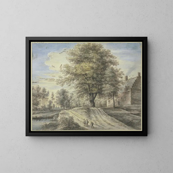 van een huis, een grote boom, drie figuren en een hond - Lucas van Uden — ingelijst kunstwerk aan de muur