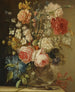 van een stilleven met rozen, een narcis en andere bloemen in een glazen vaas op een stenen rand - Ludovico Stern — weergave van het kunstwerk