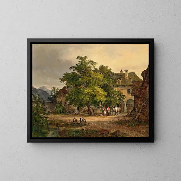 Een ontmoeting bij de fontein - Ludwig Halauska — ingelijst kunstwerk aan de muur