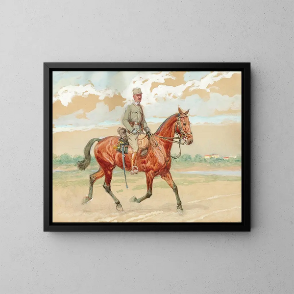 Een soldaat te paard in een rivierlandschap - Ludwig Koch — ingelijst kunstwerk aan de muur