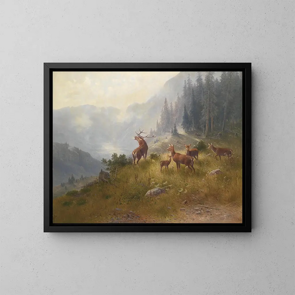 herten in de hoge bergen - Ludwig Sckell — ingelijst kunstwerk aan de muur