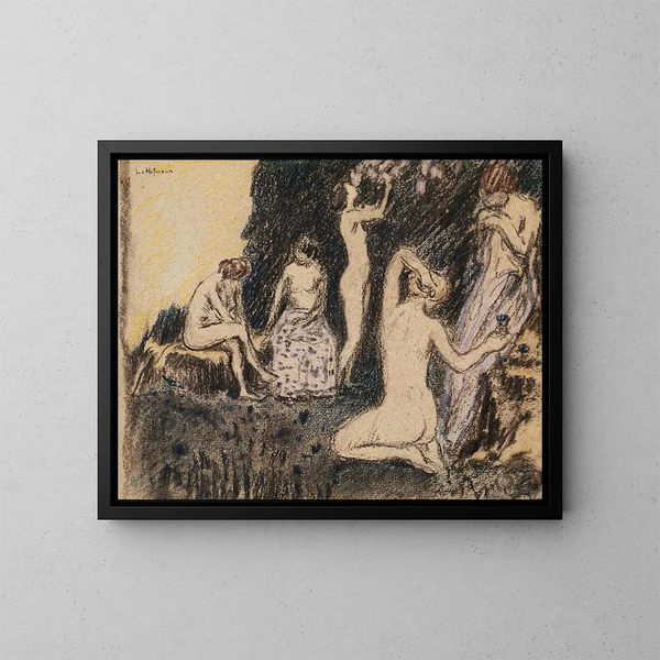 Landschap met vijf naakte vrouwen - Ludwig von Hofmann — ingelijst kunstwerk aan de muur