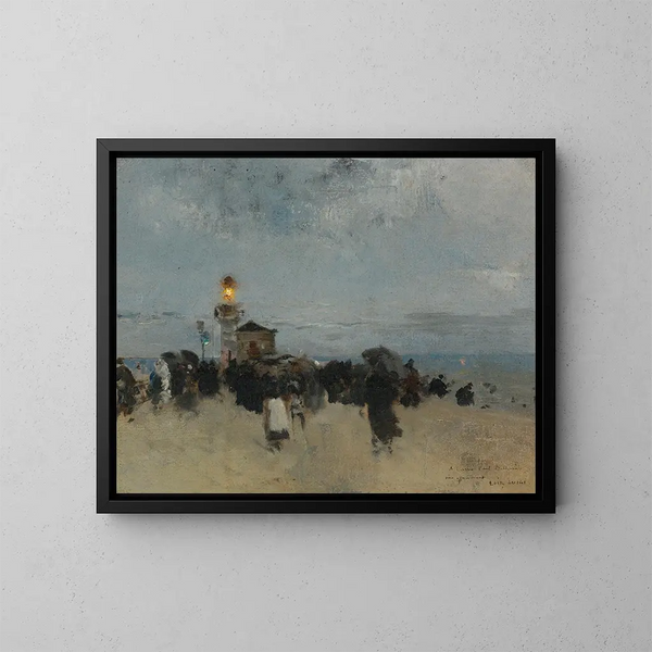 Figuren bij een vuurtoren - Luigi Loir — ingelijst kunstwerk aan de muur