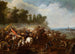 Escarmouche van cavalerie in een uitgestrekt landschap met dorp op de achtergrond - Stijl van Adam Frans van der Meulen — weergave van het kunstwerk