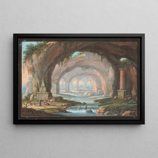 Margaretha Barbara Dietzsch - Landskab med gennembrudte grotter gravmonumenter en flod og figurer.webp