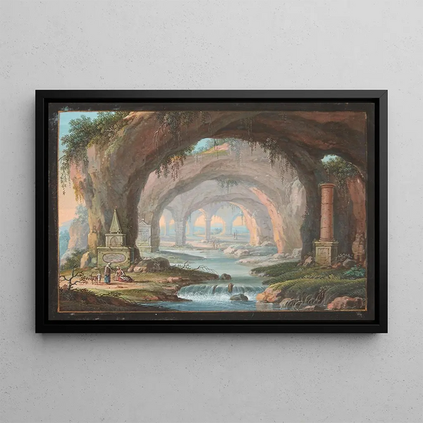 Margaretha Barbara Dietzsch - Landskab med gennembrudte grotter gravmonumenter en flod og figurer.webp