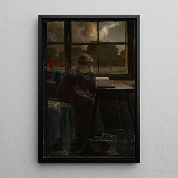 Young girl reading - Maria Heyck-Jensen — framed artwork on a wall