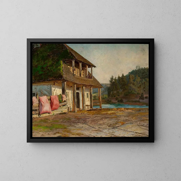 Houten huis schilderij - Maria Kazanowska — ingelijst kunstwerk aan de muur