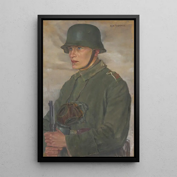 Soldier with steel helmet and gas mask after 1914 - Maria Marga Thomas — framed artwork on a wall