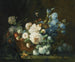 Natuurtafereel met bloemen, pioenen, irissen, hortensia's in een koperen theepot, een kever en vlinders - Marie Beloux Hodieux — weergave van het kunstwerk