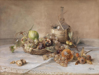 Marie Egner - Stilleben mit Obst und Chiantiflasche.webp