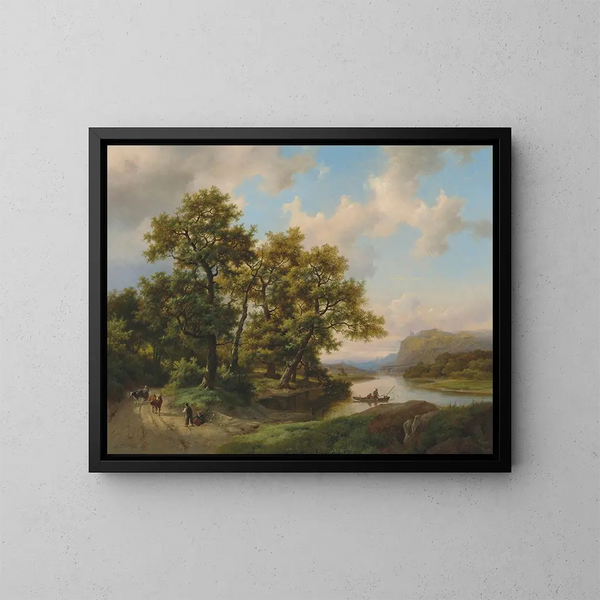 van Boten op een meer, zomers landschap - Marinus Adrianus Koekkoek — ingelijst kunstwerk aan de muur