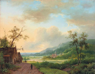 Marinus Adrianus Koekkoek - Travellers on a riverside track at dusk.webp