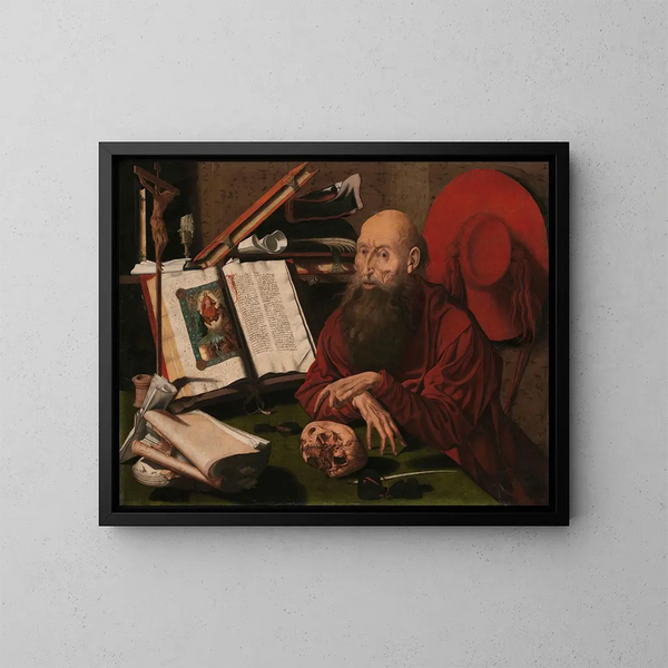van Sint Hieronymus in zijn studeerkamer - Marinus van Reymerswaele — ingelijst kunstwerk aan de muur