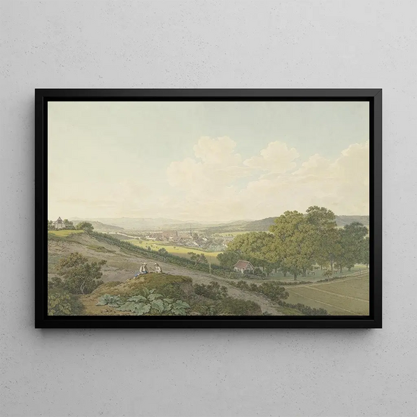 Marquard Wocher - Blick von einer Anhhe auf das Dorf St Jakob bei Basel mit spitzem Kirchturm.webp