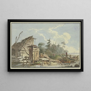 Marquard Wocher - Holzhtten am waldigen Meeresufer rechts ein Kahn mit einer Familie.webp