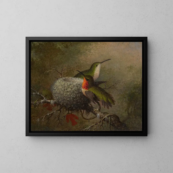 Twee blauwgorsen bij hun nest - Martin Johnson Heade — ingelijst kunstwerk aan de muur