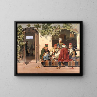 Martinus Rrbye - A party of chess players outside a Turkish coffeehouse and barbershop.webp