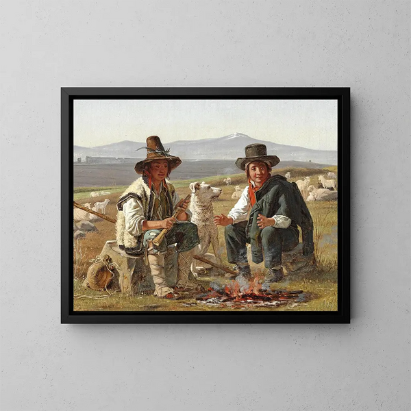 van twee jonge Italiaanse herders zittend bij het vuur - Martinus Rørbye — ingelijst kunstwerk aan de muur