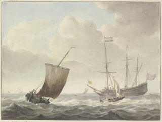 Martinus Schouman - Bewegte See mit Schiffen gelbe Flagge mit goldenem Lwen.webp