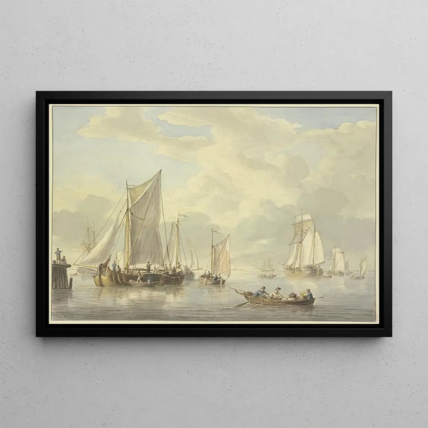 Martinus Schouman - Ruhige See mit vielen Schiffen vorne ein Boot mit drei Ruderern und einer Frau.webp
