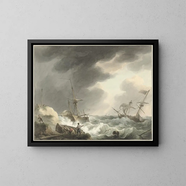 van twee schepen die stranden, waarvan één onder de Amerikaanse vlag, aan een duinenkust - Martinus Schouman — ingelijst kunstwerk aan de muur