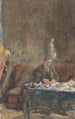 Binnen schilderij met man die schrijft op een bank achter een tafel - Martinus van Andringa — weergave van het kunstwerk