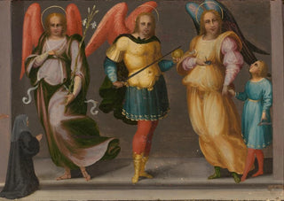 Master of Serumido - Archangels Gabriel Michael and Raphael with Tobias and a Female Donor.webp