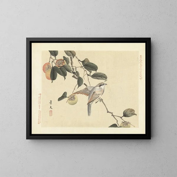 Kaki en koehoornleeuwerik schilderij - Matsumura Keibun — ingelijst kunstwerk aan de muur