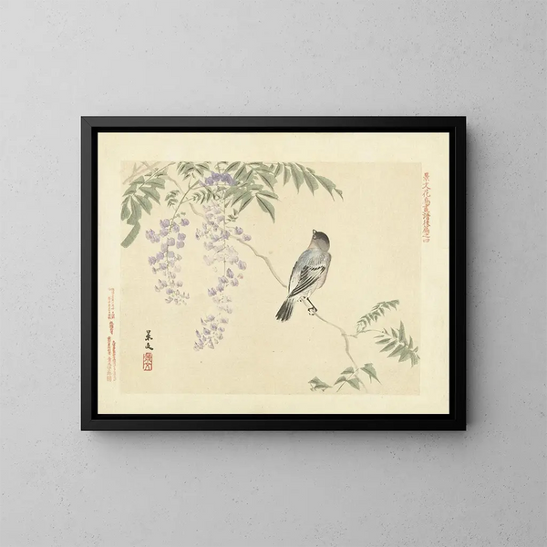 Wisteria japonaise en eurasiatische bouvreuil - Matsumura Keibun — ingelijst kunstwerk aan de muur