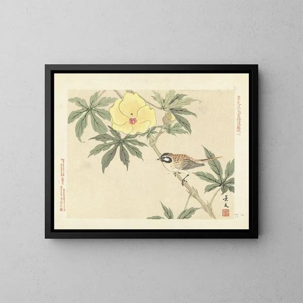Hibiscus bij zonsondergang en rietzanger - Matsumura Keibun — ingelijst kunstwerk aan de muur