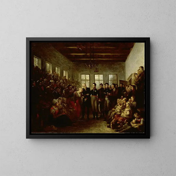 De prins van Oranje bezoekt de slachtoffers van de overstromingen in het weeshuis van de aalmoezeniers in Amsterdam op 14 februari 1825 - Mattheus Ignatius van Bree — ingelijst kunstwerk aan de muur