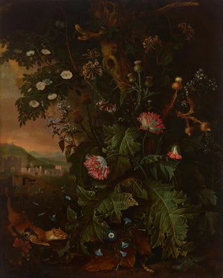 Matthias Withoos - A forest floor with a weasel mouse opium poppy and thistle a view of Rome in the background.webp