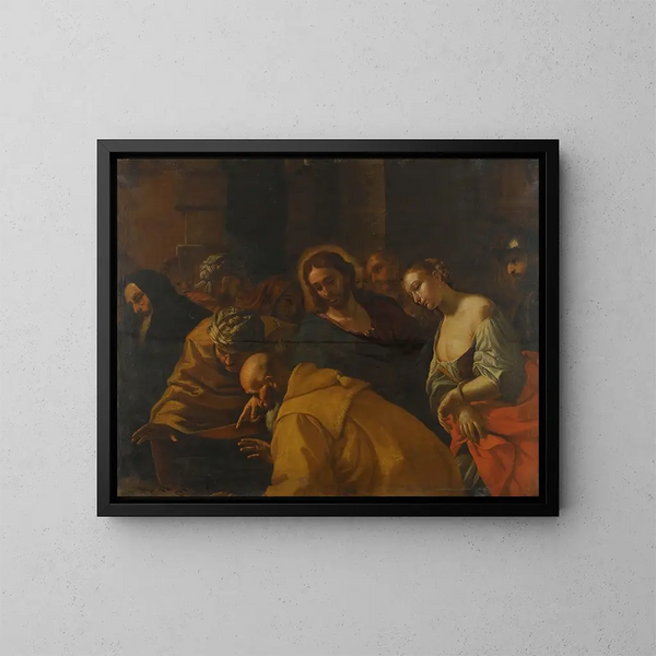 Le Christ en de overspelige vrouw - Mattia Preti — ingelijst kunstwerk aan de muur