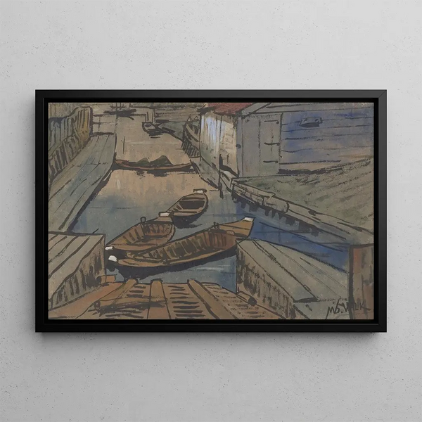 Maurits van der Valk - Bootjes in een sloot tussen schuren.webp