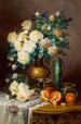 Roses blanches, oranges et urne en porcelaine sur table drapée - Max Carlier — weergave van het kunstwerk