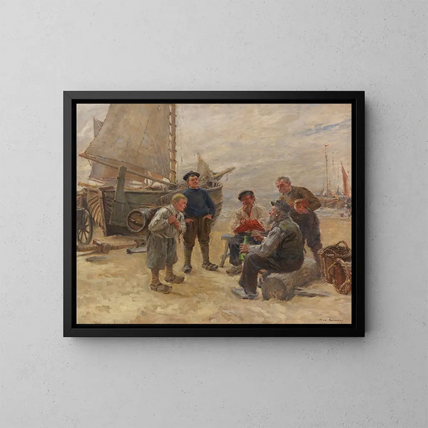 Vissers op het strand - Max Gaisser — ingelijst kunstwerk aan de muur