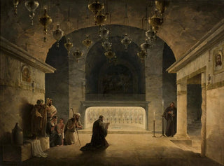 Binnenaanzicht van de crypte van de Geboortekerk in Bethlehem - Maxim Nikiforovich Vorobiev — weergave van het kunstwerk