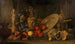 van een Composition met zilveren stukken, Oosterse tapijt, porseleinen vaas, schelp, bigarade en citroen - Meiffren Comte — weergave van het kunstwerk